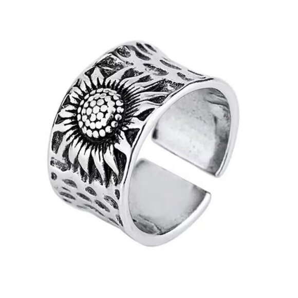Boho Silver Tone Sunflower Adjustable Band Ring #1334 - Picture 4 of 8
